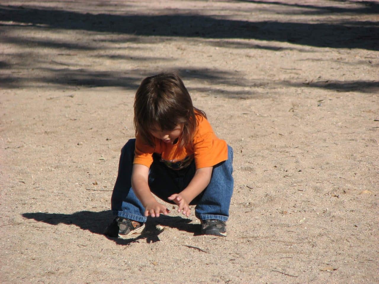 Young child in an orange shirt and jeans playing in the sand at a playground