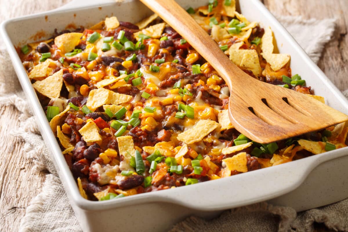 frito pie casserole style with a wooden fork